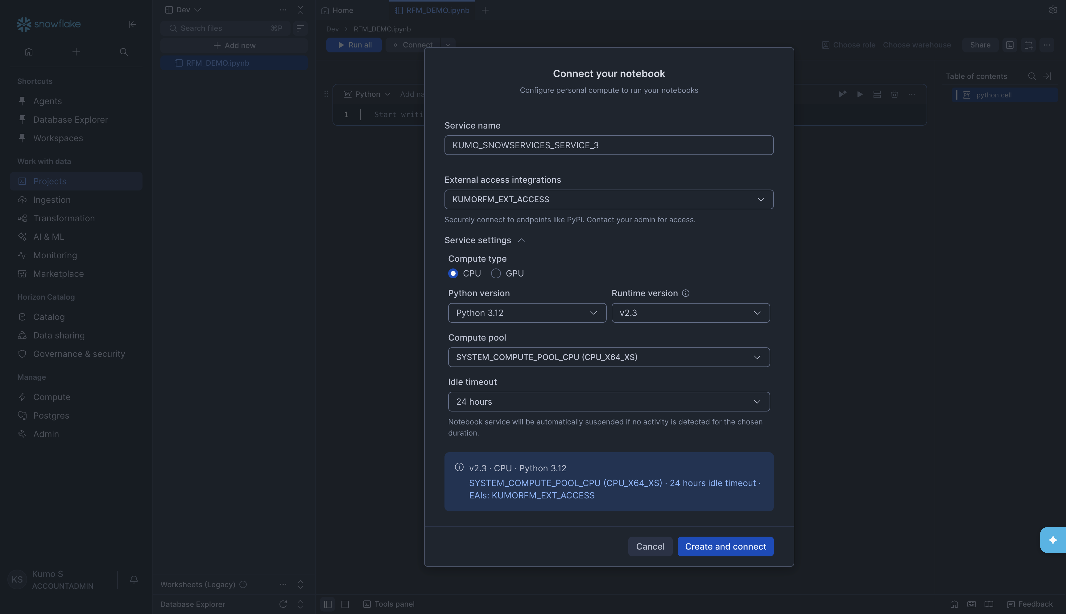 Connect your notebook dialog