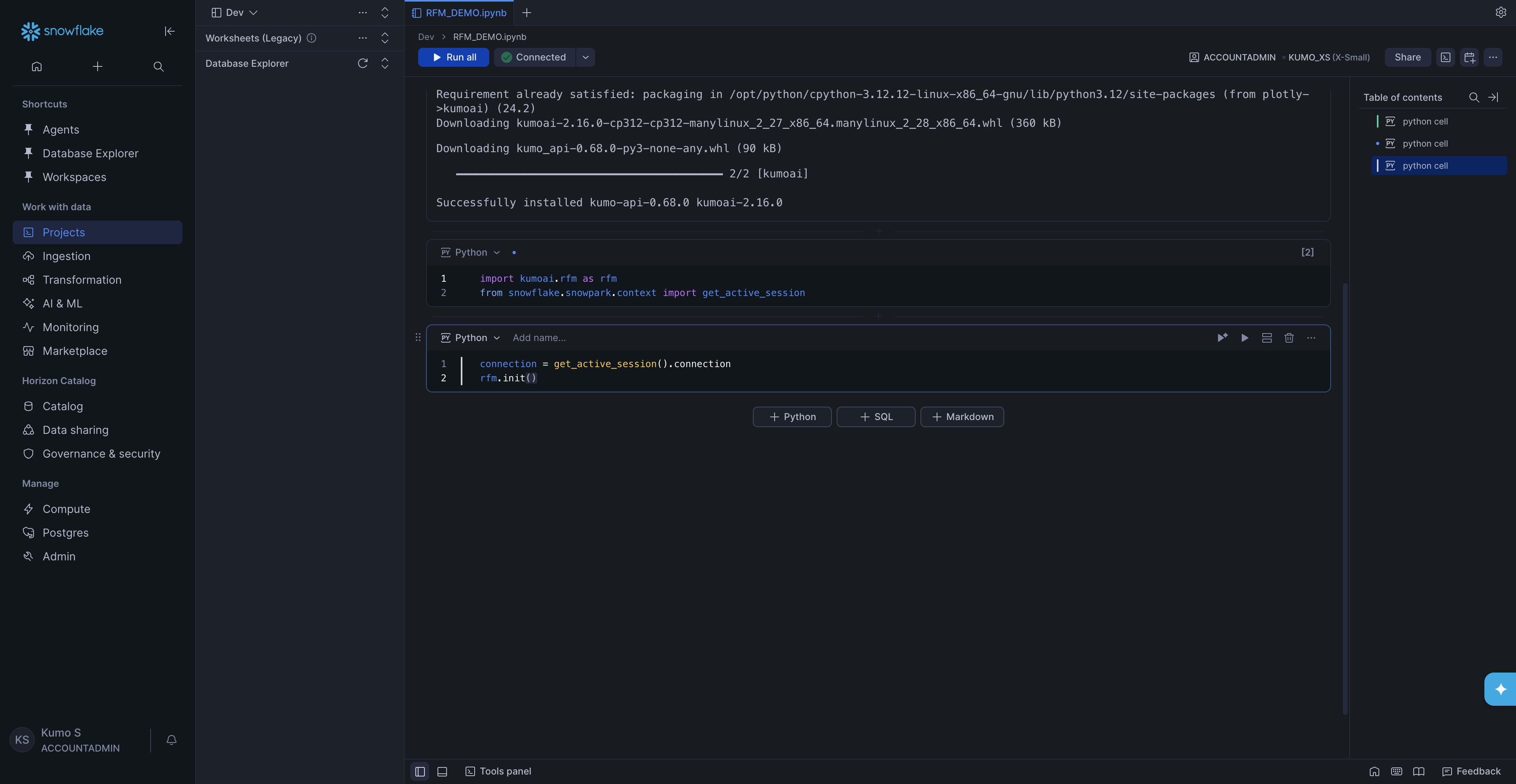 Connection and initialization cell