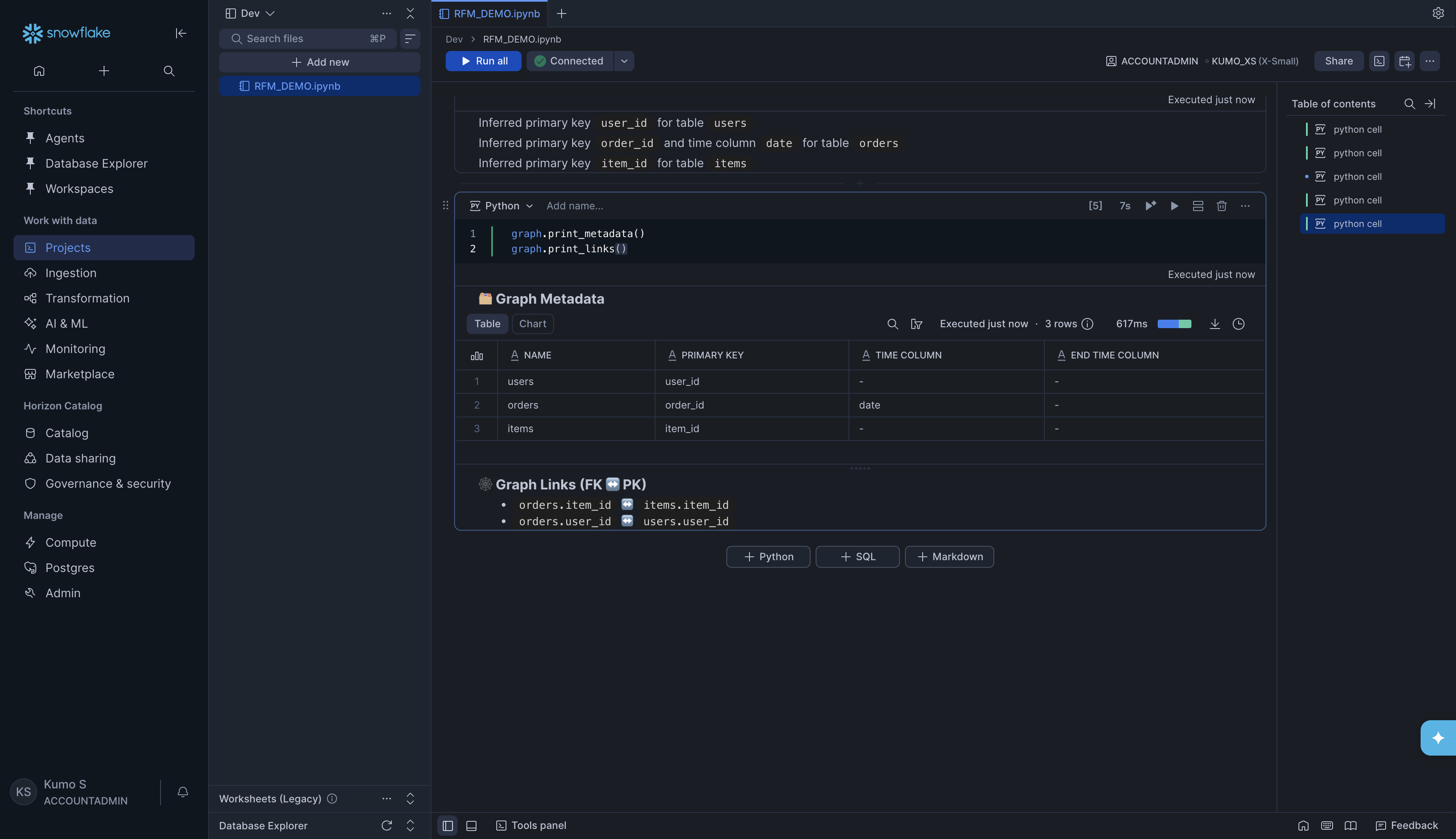 Graph metadata and links output