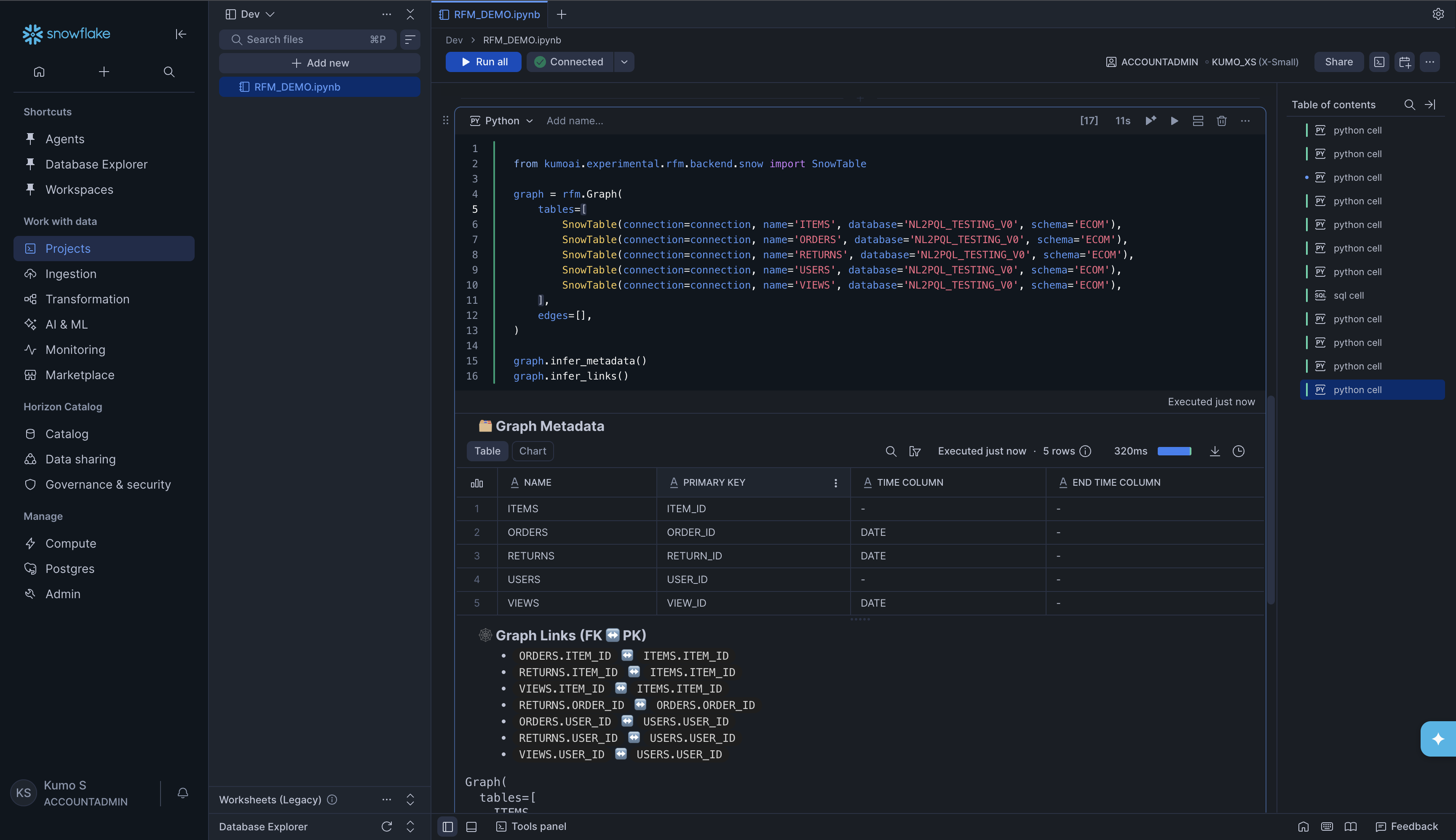 SnowTable graph creation with metadata output