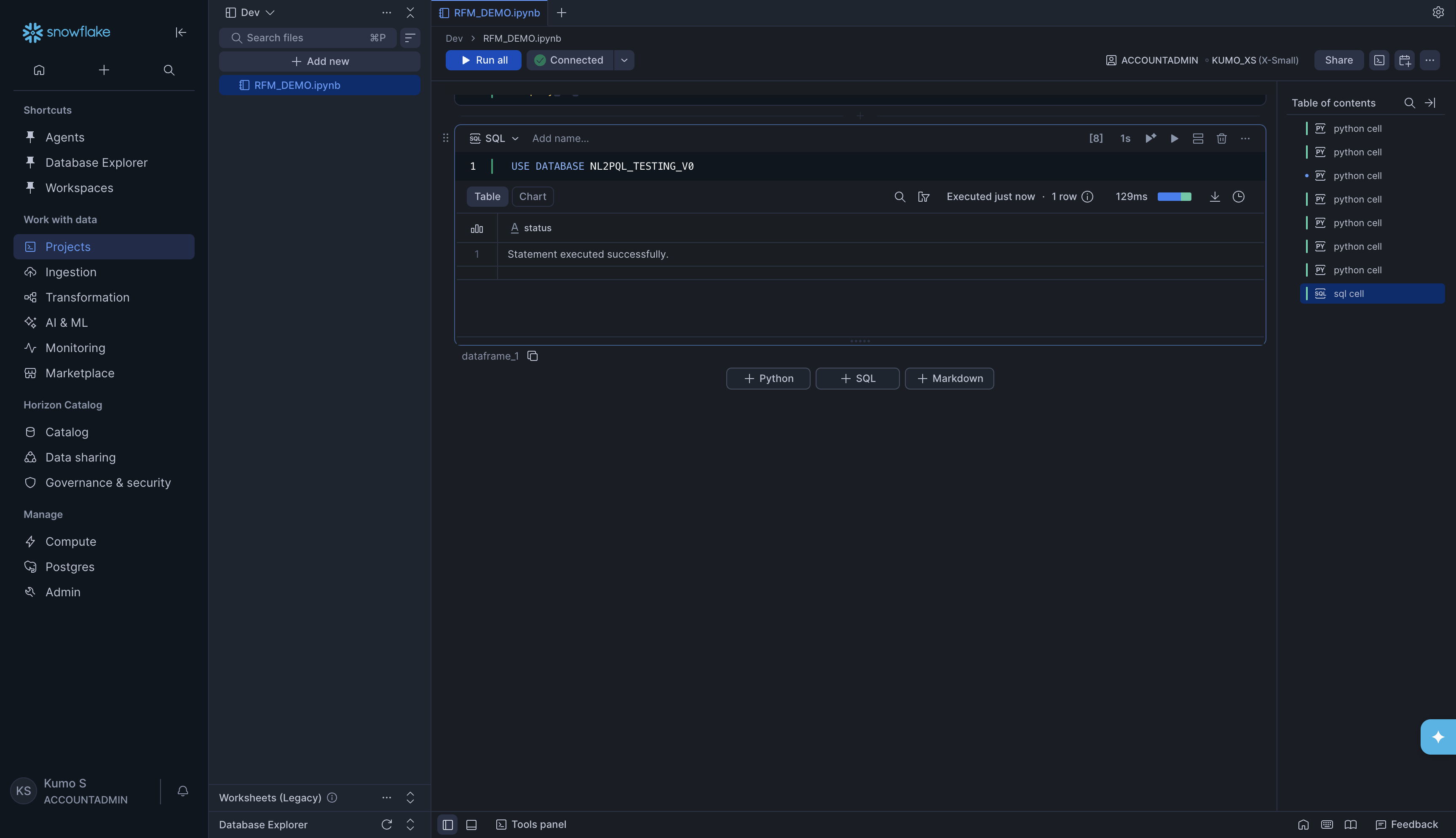 USE DATABASE SQL cell